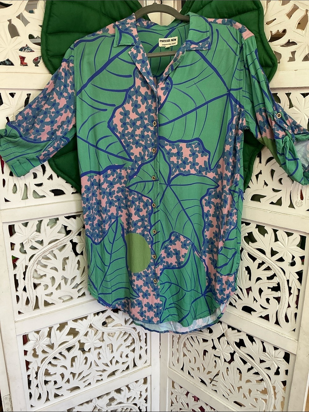 Paradise now button down shirt dress. Green, Blue, pink kukui floral print. XS